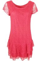 Koralowa Koronkowa Sukienka z Falbankami - 36 / S