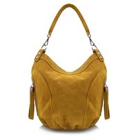 VERA PELLE torebka zamszowa worek z frędzelkami i paskiem V322 musztardowa