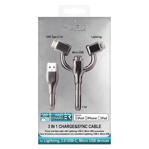 Type-C Cable 3in1 MICRO USB&USB-C&Lightning MFi , 1 m (czarny) na Arena.pl