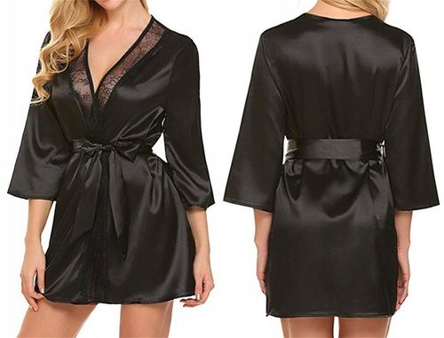 SATYNOWY SZLAFROK DAMSKI PODOMKA Z KORONKĄ ELEGANCKI PENIUAR STRINGI KOLORY na Arena.pl