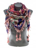 Chustka apaszka z frędzlami folk patchworkowa kwiaty puder 64 / DA-35