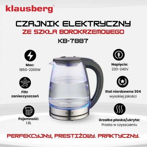 Czajnik elektryczny szklany Regulacja Temp. Klausberg KB-7887 1.8L LED LCD na Arena.pl