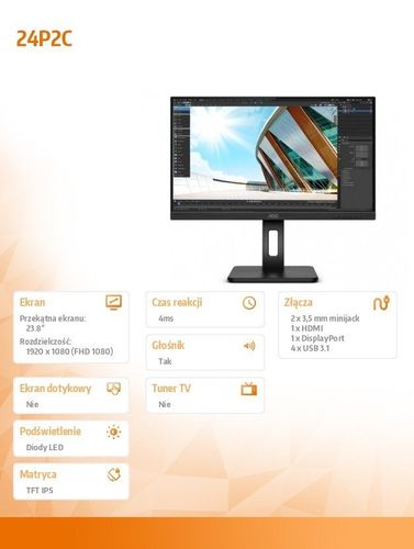 Monitor 24P2C 23.8 IPS DP HDMI USB-C KVM Pivot na Arena.pl