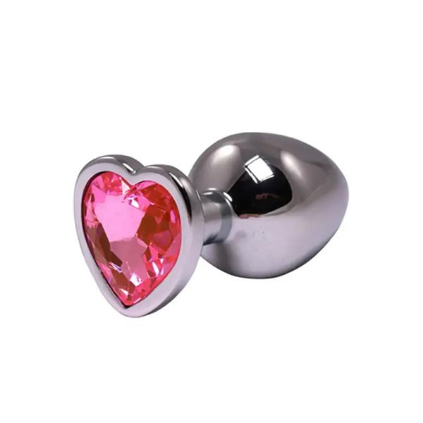 Silver Medium Heart-Shaped Butt Plug With Pink Crystal zdjęcie 1