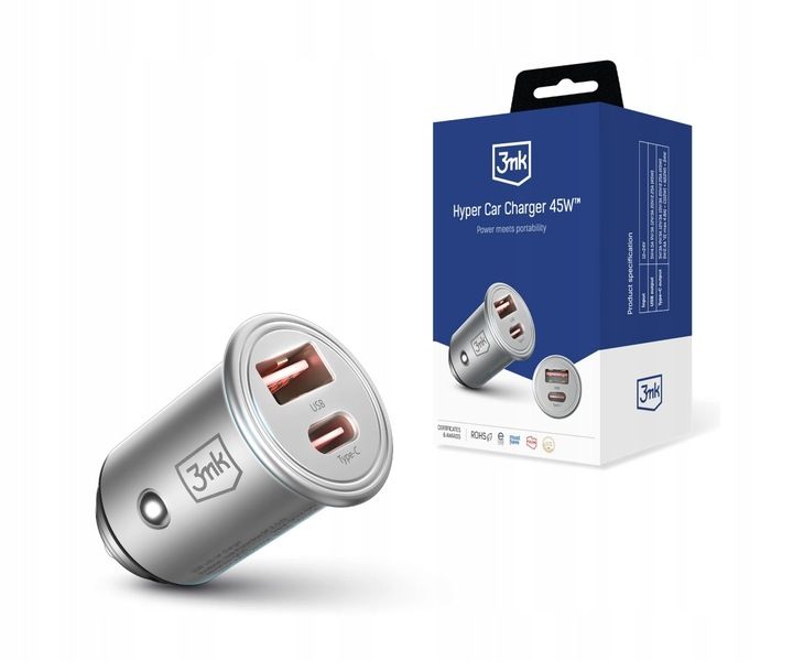Ładowarka samochodowa 3mk Hyper Car Charger 45W USB-A USB-C 12-24V srebrna zdjęcie 4