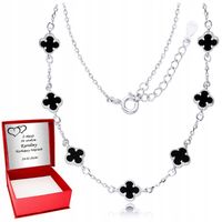 Srebrny Łańcuszek 925 Naszyjnik Czarne Koniczynki Onyks Grawer