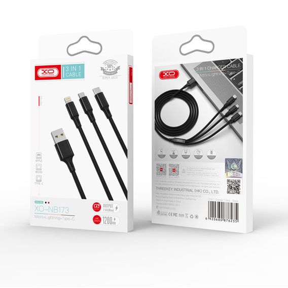 XO Kabel 3w1 USB Lightning + USB-C + microUSB, Przewód 3w1 USB Lightning zdjęcie 3