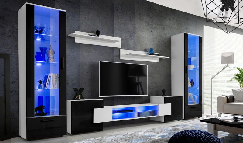 Pan Igiełka Meblościanka Blue LED  Czarny Biały Dąb Wotan 5 Elementów Salon zdjęcie 1