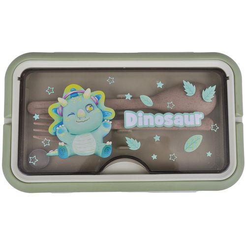 Lunchbox pojemnik do szkoły + sztućce bidon zielony z siedzącym dinozaurem na Arena.pl