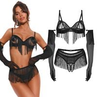 Komplet bielizny erotycznej z frędzlami otwarty Obsessive Rossay Black S/M