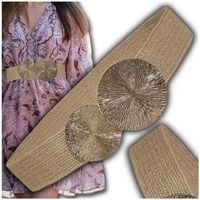 Damski słomiany pasek pleciony okrągła klamra beżowy ozdobny pas