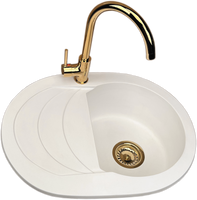 Zlewozmywak jednokomorowy z ociekaczem VIGOR biały z lewym ociekaczem + bateria VERVO złota