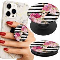 Uchwyt do telefonu Popsocket na palce/stojak KWIATKI W CZARNO - BIAŁE PASKI