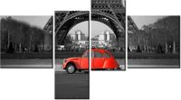 100 55CM OBRAZ 4 ELEM CZERWONY SAMOCHÓD PRZED WIEŻĄ EIFFLA PŁÓTNO DRUK