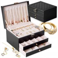 SZKATUŁKA NA BIŻUTERIE Z SZUFLADKAMI CZARNA ORGANIZER TRZY POZIOMY