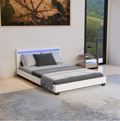Łóżko tapicerowane z oświetleniem LED i stelażem 140 cm białe na Arena.pl