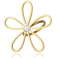 Pierścionek Stal Chirurgiczna Platerowana Złotem Regulowany, Kwiat Perła