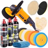 polerka samochodowa + zestaw past polerskich menzerna gąbki akcesoria