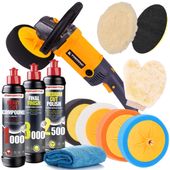 polerka samochodowa + zestaw past polerskich menzerna gąbki akcesoria
