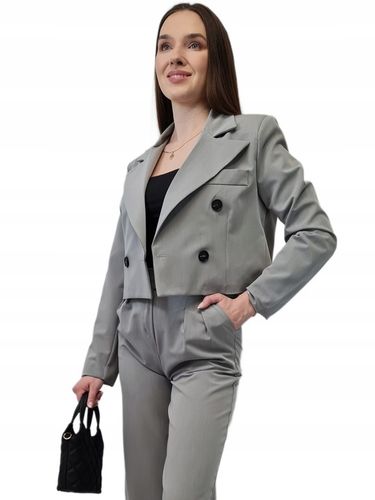 Nowoczesny GARNITUR DAMSKI Szary, Krótka Marynarka i Szerokie Spodnie, r.M na Arena.pl