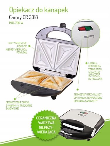 Opiekacz do Kanapek 850W Ceramiczna Powłoka Nieprzywierająca CR 3018 na Arena.pl
