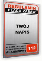 Tabliczka znak informacyjny 40x30 Srebrna REGULAMIN PLACU ZABAW Nierdzewna