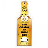 drewniany duży otwieracz zawieszka z napisem "mój chłopak ma piwne oczy"