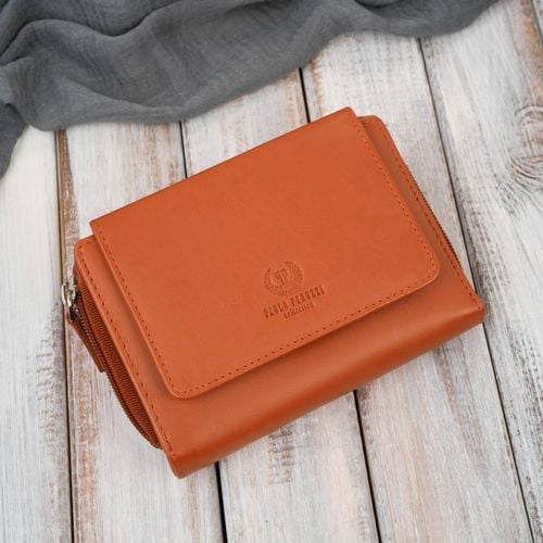 portfel damski skórzany pomarańczowy duży w orientacji poziomej na Arena.pl