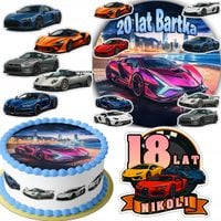 ZESTAW OPŁATEK NA TORT 20CM + 16 POSTACI - SUPER AUTA + IMIĘ 15CM 18CM