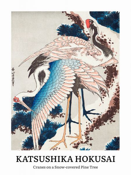 Plakat 60x80cm Design Cranes on a Snow, Hokusai Vintage do Salonu zdjęcie 2
