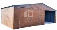 GARAŻ BLASZANY 8m x 6m poziom - dwuspad - 2x Brama uchylna - ciemny orzech drewnopodobny  8x6