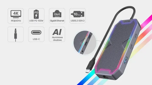 Unitek Hub USB-C HDMI RJ45 3,5mm audio 100W 10Gbps na Arena.pl