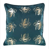 Poszewka welwetowa ze złotym nadrukiem BEES 45x45 ciemnoturkusowa