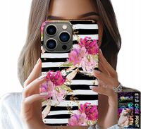ETUI DO IPHONE 15 PRO MAX - KWIATKI W CZARNO - BIAŁE PASKI WZORY