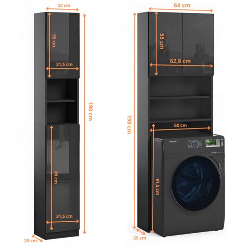 Zestaw Mebli Łazienkowych Czarny Połysk Push Open Tip On Szafka Regał na Arena.pl