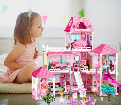 Duży Domek Dla Lalek Villa Rozkładany z Mebelkami, Laleczkami i Pieskami XXL na Arena.pl