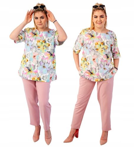 ELEGANCKI SZYKOWNY KOMPLET DAMSKI SPODNIE + BLUZKA KOLORY PLUS SIZE 52 na Arena.pl