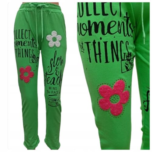 Spodnie DRESOWE damskie wiosenne w kwiaty elastyczne zielone bawełna na Arena.pl