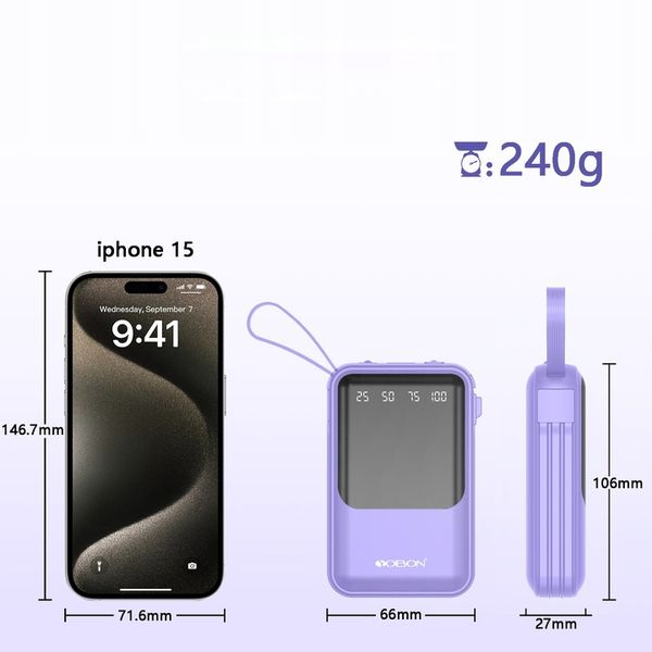 POWER BANK 10000MAH USB/USB-C QC PD WBUDOWANY KABEL Wyświetlacz cyfrowy zdjęcie 14