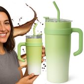 Kubek termiczny ze słomką z uchwytem na kawę herbatę 1200ml zielony