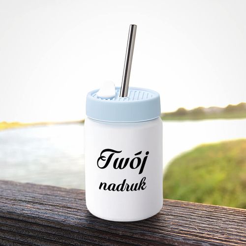 Kubek ze słomką 480 ml z Twoim nadrukiem - niebieska silikonowa pokrywka na Arena.pl