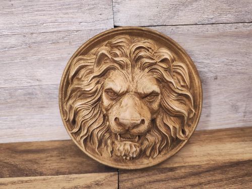Obraz płaskorzeźba Lwa Lew Król zwierząt 16 cm drewniany obraz medalion na Arena.pl