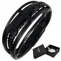 Bransoletka Męska Skórzana Czarna Z Krzyżem Pleciona Skóra Krzyż Seralune