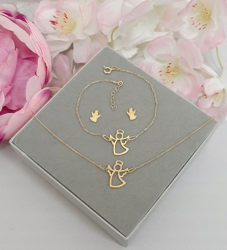 Złoty komplet ANIOŁEK ANIOŁ SREBRO KOMUNIA GRAWER na Arena.pl