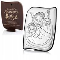 SREBRNY OBRAZEK ANIOŁ PREZENT na Komunię od chrzestnych dziadków + GRAWER
