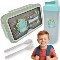 Lunchbox pojemnik do szkoły + sztućce bidon zielony z siedzącym dinozaurem