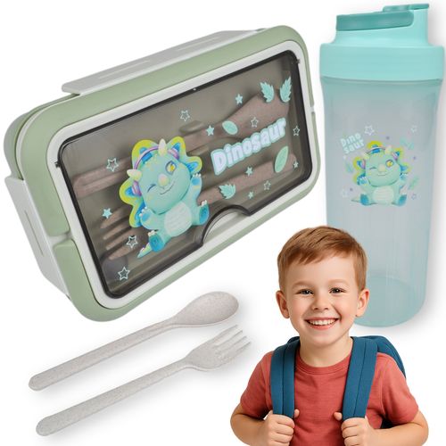Lunchbox pojemnik do szkoły + sztućce bidon zielony z siedzącym dinozaurem na Arena.pl