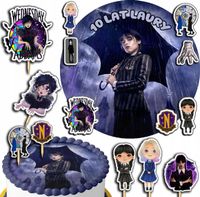 ZESTAW OPŁATEK NA TORT 20CM + TOPPERY PAPIEROWE - WEDNESDAY ADDAMS 15CM 18