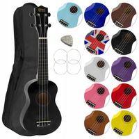 UKULELE SOPRANOWE CZARNE AKCESORIA MUZYCZNE ZAPASOWE STRUNY KOSTKA ETUI