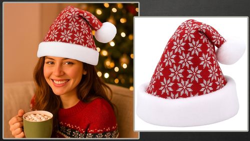 Czapka świąteczna mikołaj śnieżynka z pomponem na święta czerwono-biała na Arena.pl